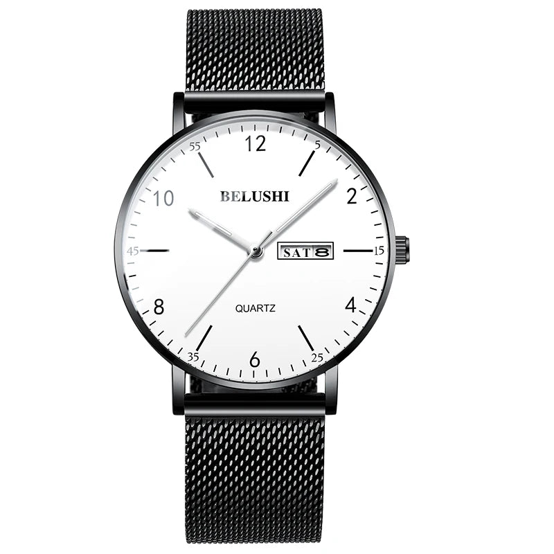 Men Watch Ultra Slim Steel Mesh Quartz Wristwatch Dual Calendar Simple Black Clock Male Hodinky Man Watch Relogio Masculino