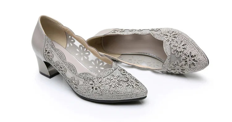 GKTINOO 2026 Summer Fashion Hollow Out Genuine Leather Pumps Women Shoes Med Heels Square Heel Mesh Ladies Office Shoes Crystal