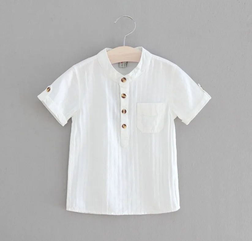 New Casual Boys Shirts Baby Children Cotton Short Sleeve Blouse for Summer Kids Boys White Shirt Stand Collar Handsome Tops