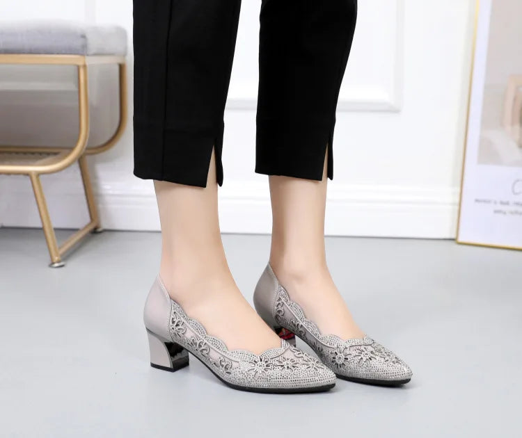 GKTINOO 2026 Summer Fashion Hollow Out Genuine Leather Pumps Women Shoes Med Heels Square Heel Mesh Ladies Office Shoes Crystal