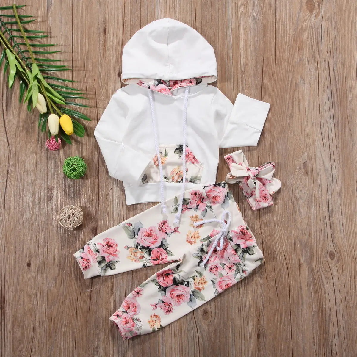 2017 Brand New Infant Toddler Newborn Baby Girls Floral Outfit Clothes Tracksuit Hooded Tops+Leggings Pants Headband 3Pcs Set