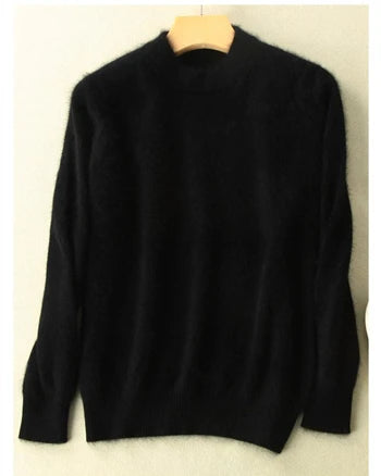 Winter Women Sweater 100% Mink Cashmere Half Turtleneck Knitted Pullovers Loose Soft Warm Female Long Sleeve Solid Jumper S-XXL