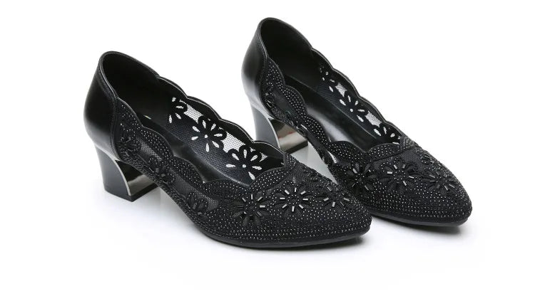 GKTINOO 2026 Summer Fashion Hollow Out Genuine Leather Pumps Women Shoes Med Heels Square Heel Mesh Ladies Office Shoes Crystal