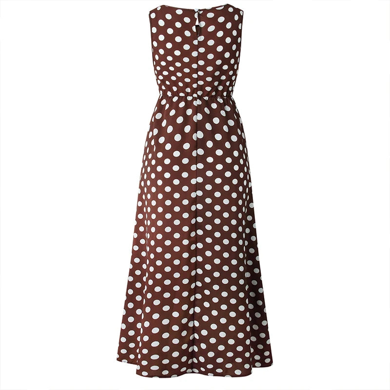 Duzeala Summer Sleeveless Polka Dot Print Midi Dress Casual Women Fashion Dresses New A-Line Boho Elegant Brown Long Dress