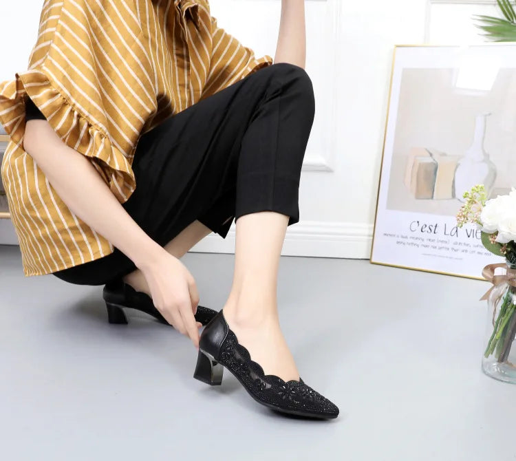 GKTINOO 2026 Summer Fashion Hollow Out Genuine Leather Pumps Women Shoes Med Heels Square Heel Mesh Ladies Office Shoes Crystal