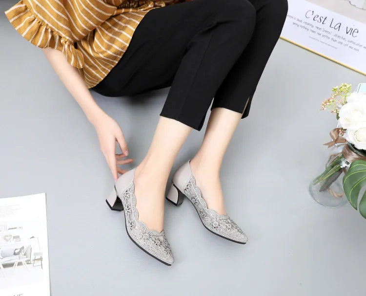 GKTINOO 2026 Summer Fashion Hollow Out Genuine Leather Pumps Women Shoes Med Heels Square Heel Mesh Ladies Office Shoes Crystal
