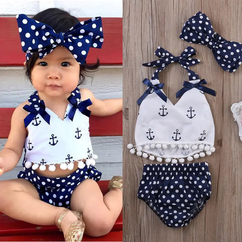 Toddler Infant Baby Girls Clothes  Anchors Tops Shirt Polka Dot Briefs Head Band 3pcs Outfits Set