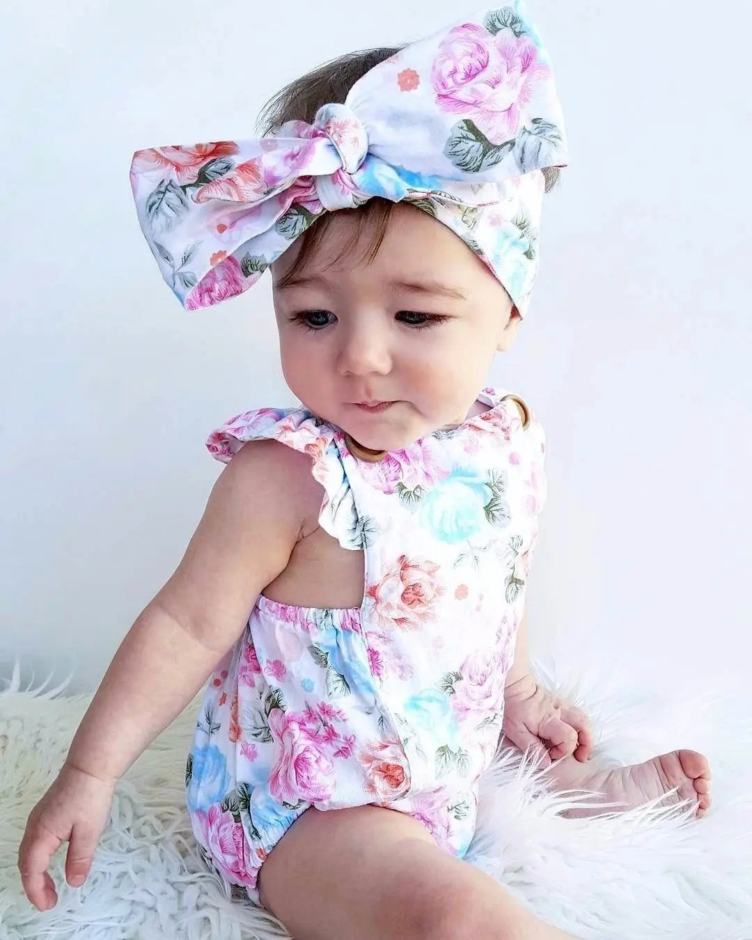 Toddler Infantil Newborn Baby Girls Floral Romper Fashion Jumpsuit Summer Headband 2PCS Sunsuit Outfit Set