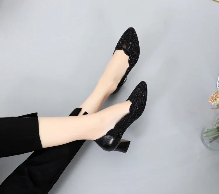 GKTINOO 2026 Summer Fashion Hollow Out Genuine Leather Pumps Women Shoes Med Heels Square Heel Mesh Ladies Office Shoes Crystal