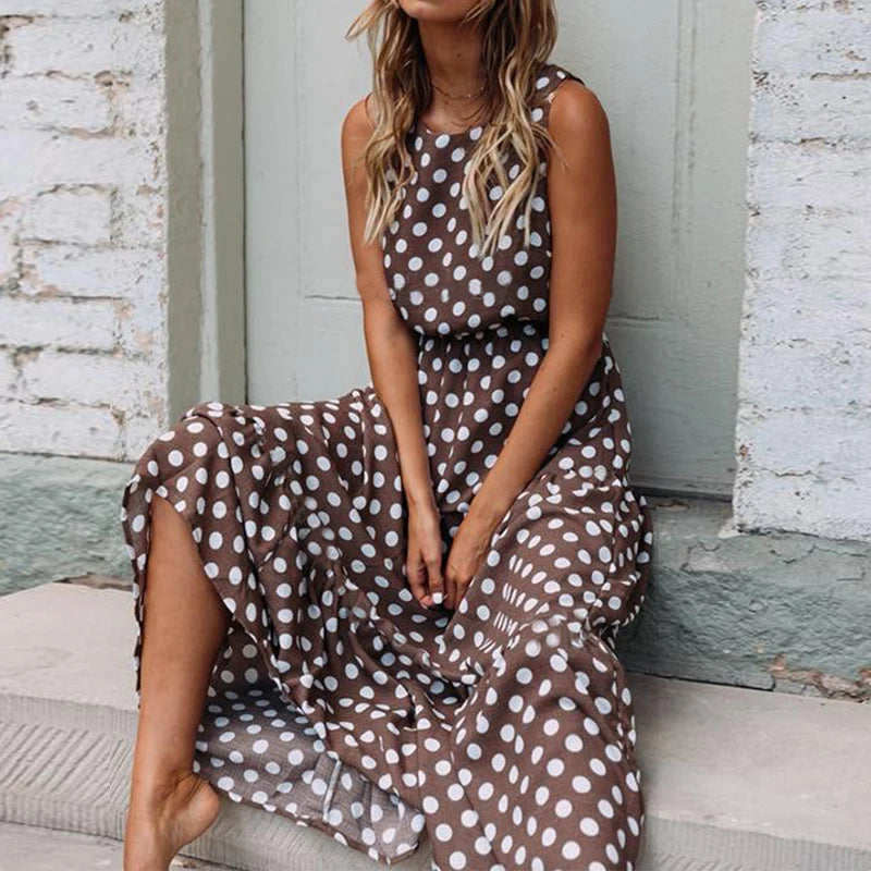 Duzeala Summer Sleeveless Polka Dot Print Midi Dress Casual Women Fashion Dresses New A-Line Boho Elegant Brown Long Dress