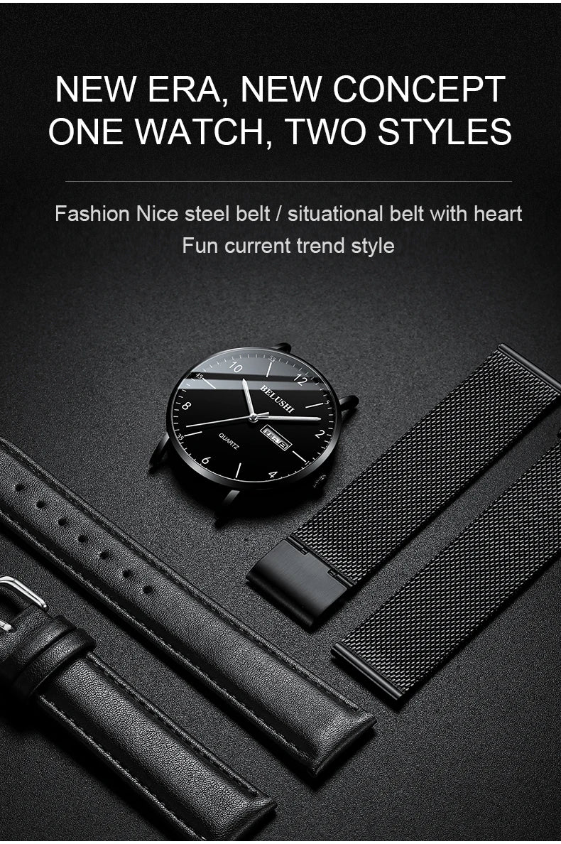 Men Watch Ultra Slim Steel Mesh Quartz Wristwatch Dual Calendar Simple Black Clock Male Hodinky Man Watch Relogio Masculino