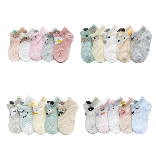 Calcetines de bebé recién nacido, 5 par/lote, calcetines finos de malla de verano para bebé, calcetines de algodón informales para niño y niña, calcetines de dibujos animados