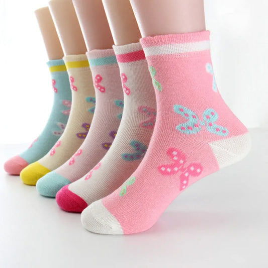 5 par/lote primavera otoño calcetines de alta calidad para niñas calcetines de algodón de Color caramelo con mariposas para niñas de 3 a 12 años calcetines para niños