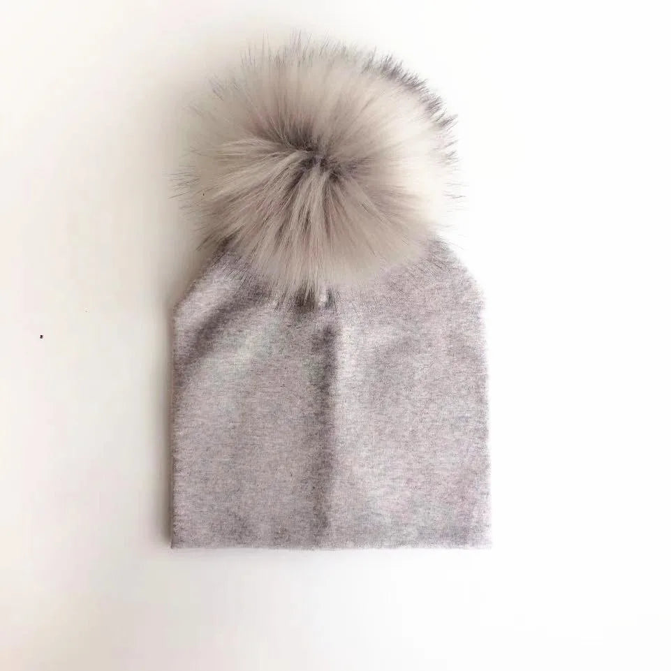 Gorro con pompón de piel sintética de mapache para niños y niñas de otoño, gorro de algodón para recién nacidos