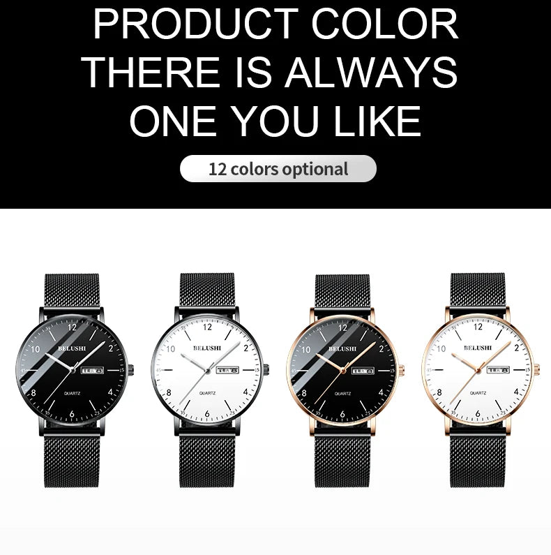 Men Watch Ultra Slim Steel Mesh Quartz Wristwatch Dual Calendar Simple Black Clock Male Hodinky Man Watch Relogio Masculino