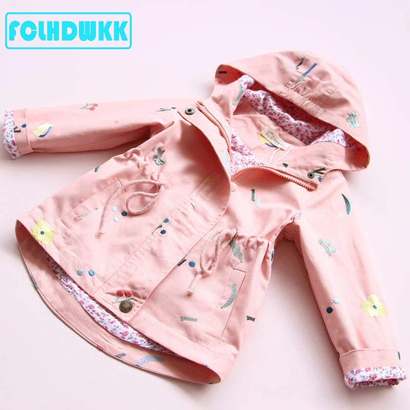 Spring Autumn Girls Windbreaker Coat Jackets Baby Kids Flower Embroidery Hooded Outwear For Baby Kids Coats Jacket Clothing