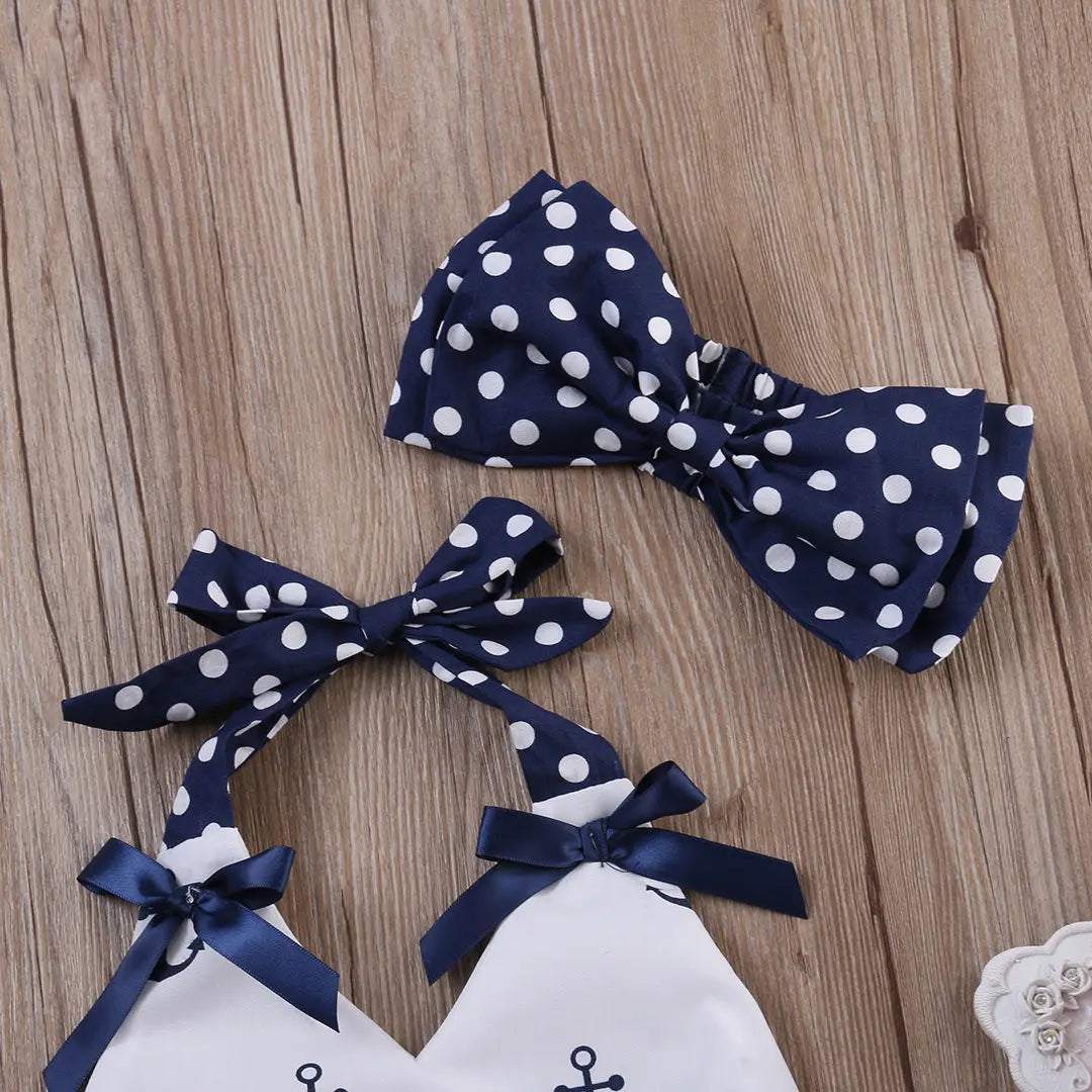 Toddler Infant Baby Girls Clothes  Anchors Tops Shirt Polka Dot Briefs Head Band 3pcs Outfits Set