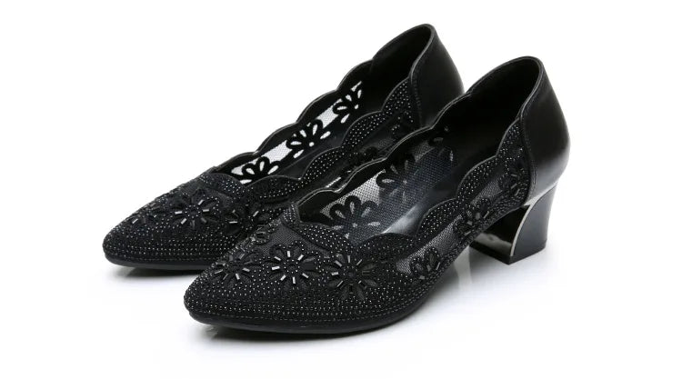 GKTINOO 2026 Summer Fashion Hollow Out Genuine Leather Pumps Women Shoes Med Heels Square Heel Mesh Ladies Office Shoes Crystal