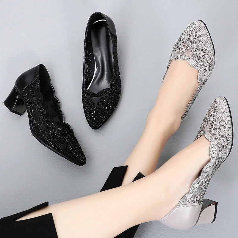 GKTINOO 2026 Summer Fashion Hollow Out Genuine Leather Pumps Women Shoes Med Heels Square Heel Mesh Ladies Office Shoes Crystal