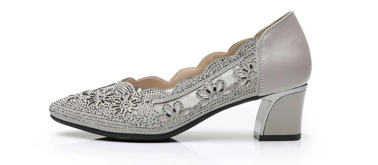 GKTINOO 2026 Summer Fashion Hollow Out Genuine Leather Pumps Women Shoes Med Heels Square Heel Mesh Ladies Office Shoes Crystal