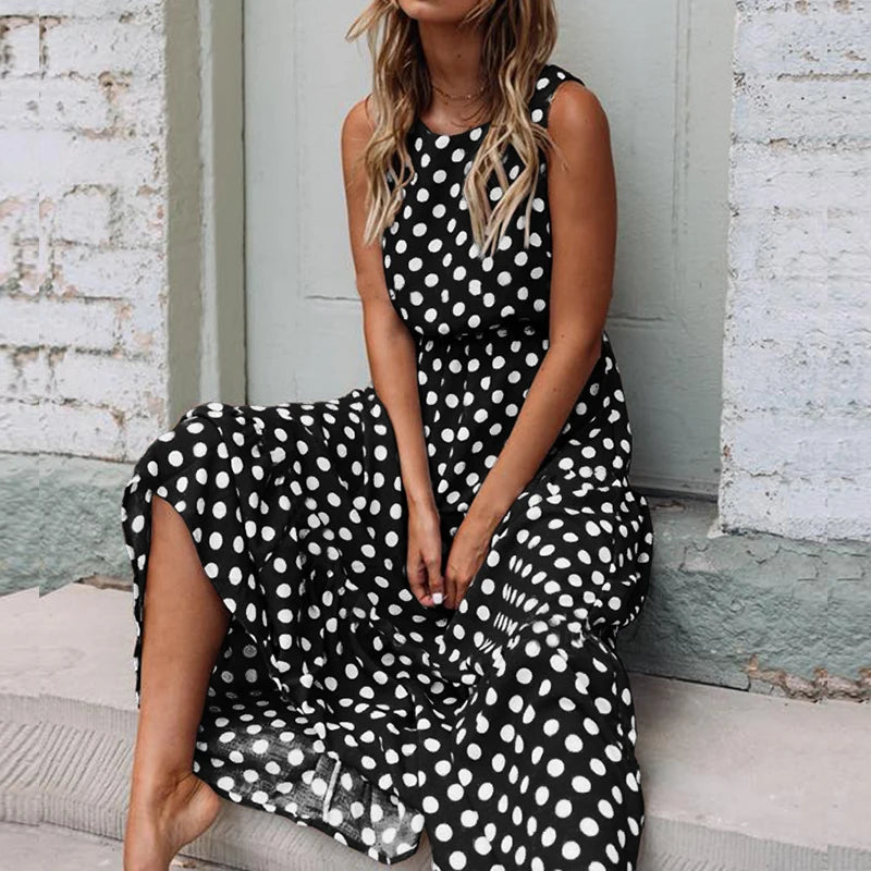 Duzeala Summer Sleeveless Polka Dot Print Midi Dress Casual Women Fashion Dresses New A-Line Boho Elegant Brown Long Dress