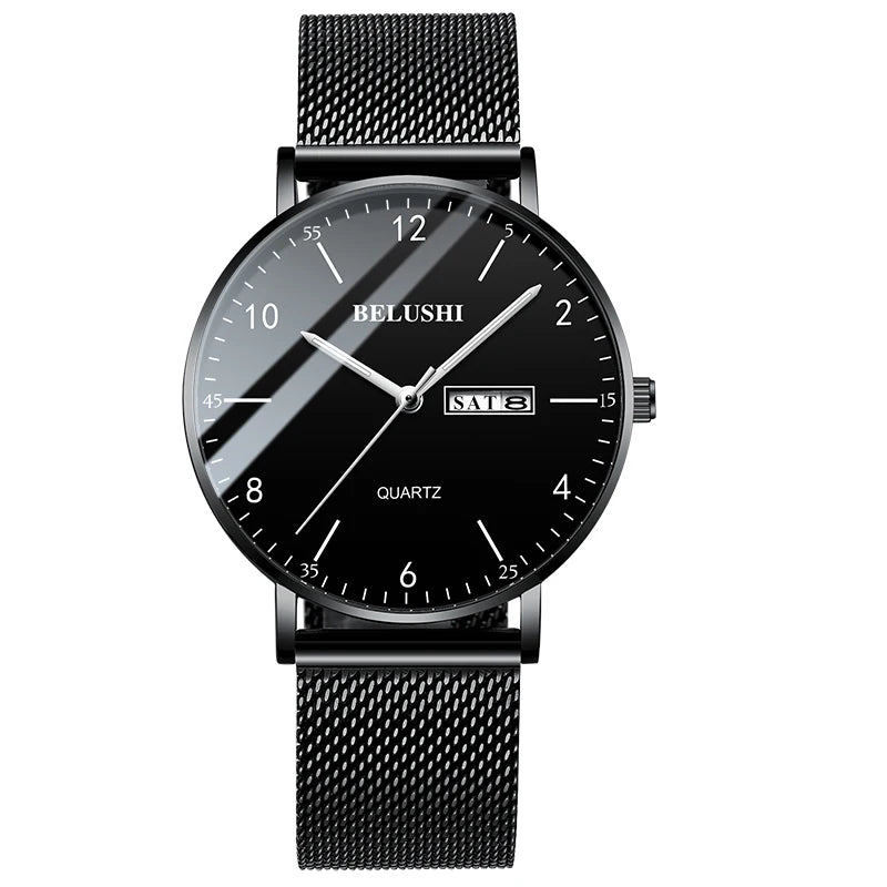 Men Watch Ultra Slim Steel Mesh Quartz Wristwatch Dual Calendar Simple Black Clock Male Hodinky Man Watch Relogio Masculino