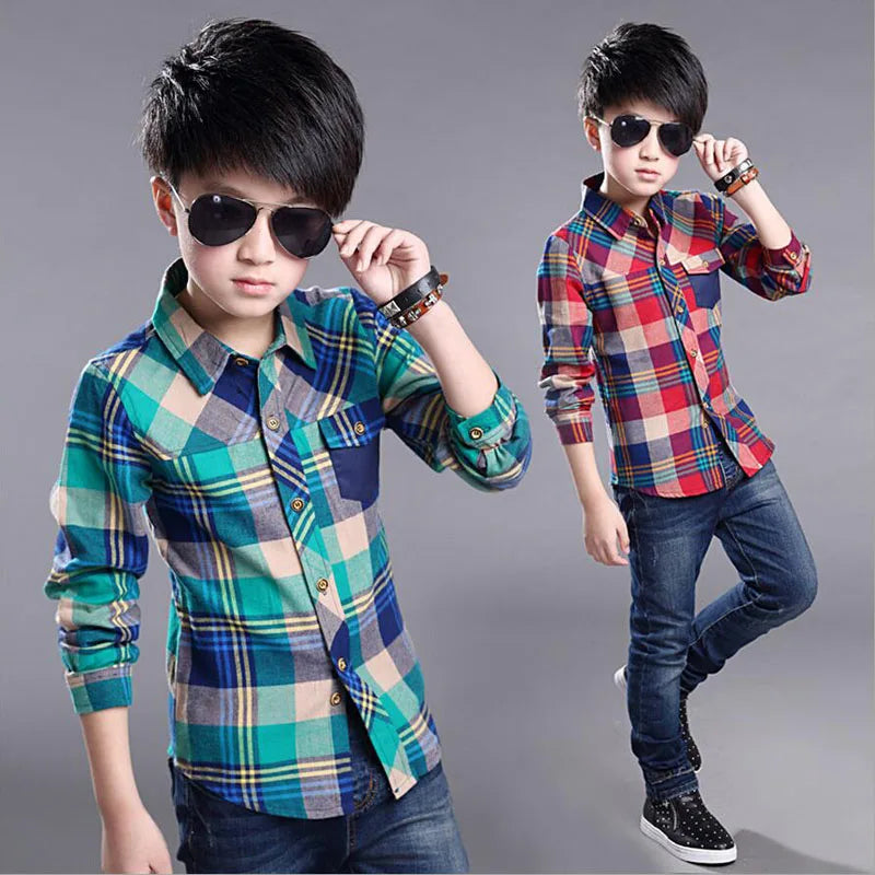 Spring Cotton Kids Clothes Fashion Casual Handsome Shirt for Children blouses Boys Plaid Long Sleeve dress Shirts