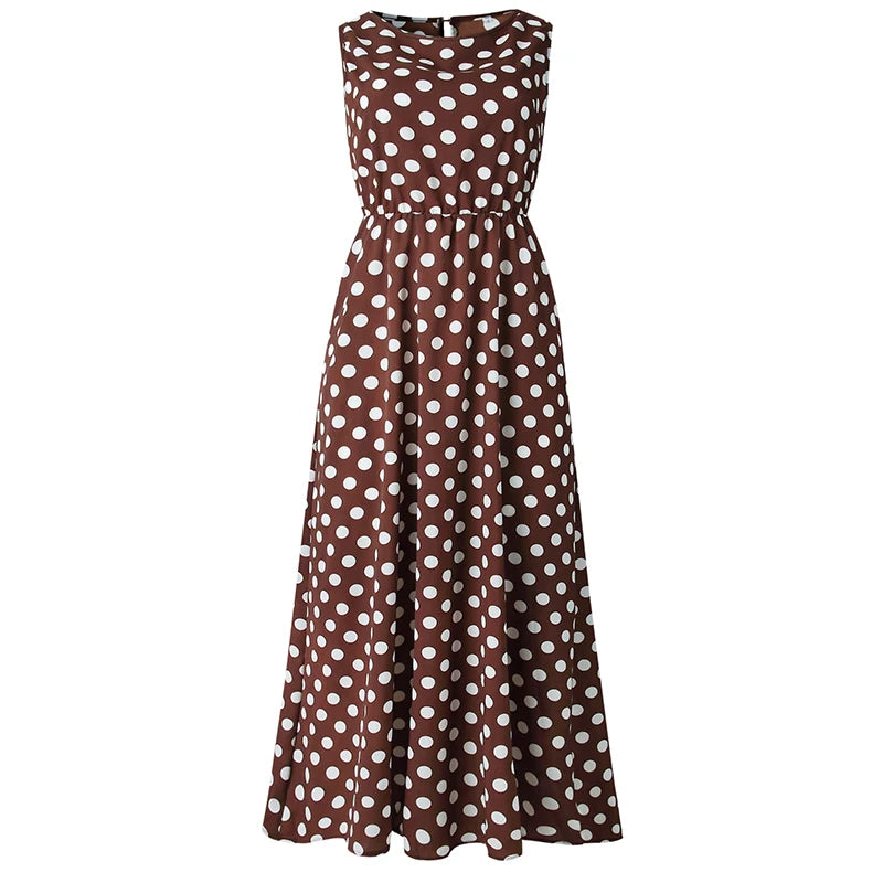 Duzeala Summer Sleeveless Polka Dot Print Midi Dress Casual Women Fashion Dresses New A-Line Boho Elegant Brown Long Dress