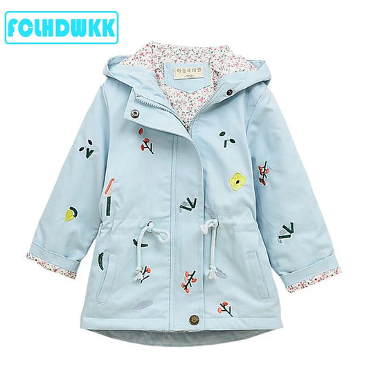 Spring Autumn Girls Windbreaker Coat Jackets Baby Kids Flower Embroidery Hooded Outwear For Baby Kids Coats Jacket Clothing