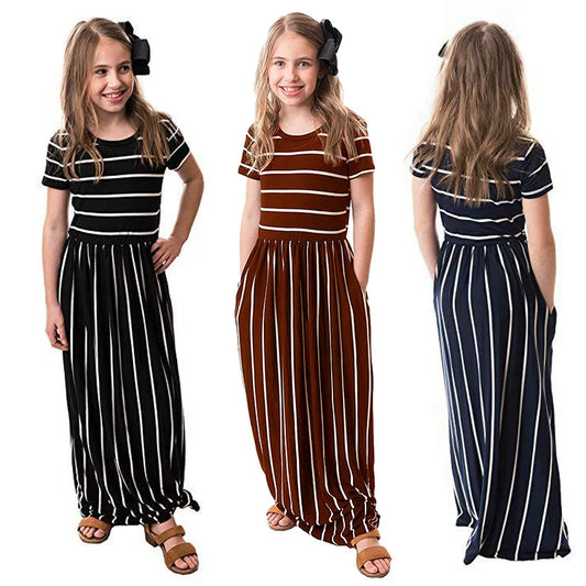 Girls Striped Long Dress Teenager Beach Party Bohemia Maxi Dress with Pocket Kids Casual Sundress Outfits Beachwear For Children