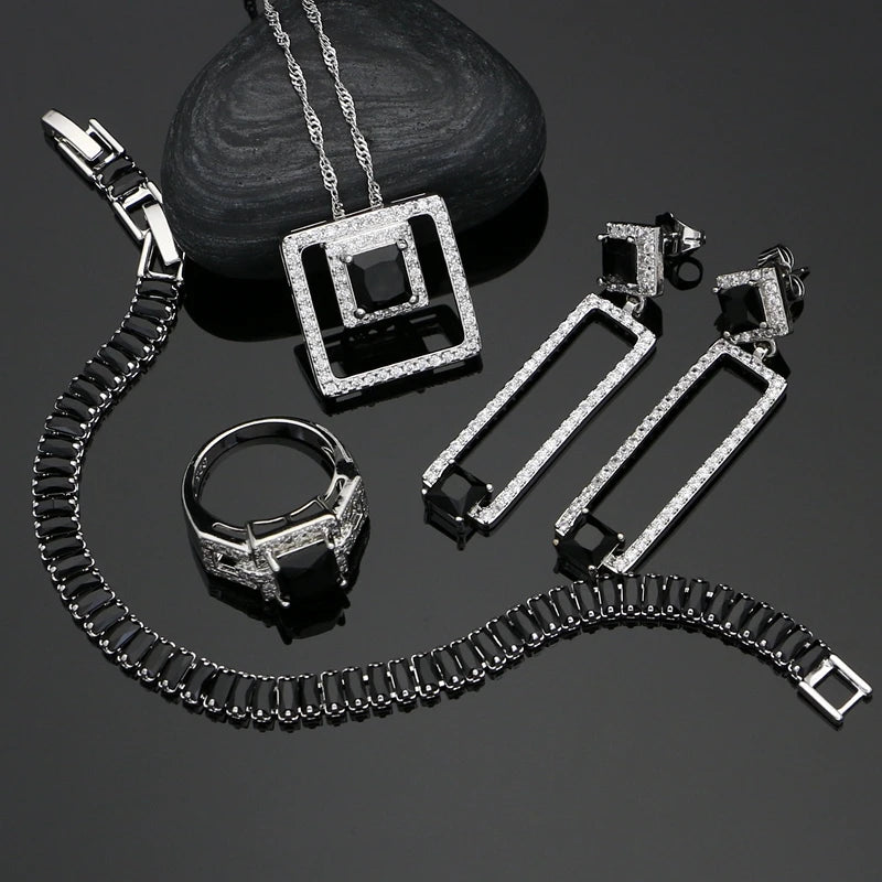 925 Silver Bridal Jewelry Sets Black Cubic Zirconia White Crystal Jewelry for Women Earrings/Pendant/Ring/Bracelet/Necklace