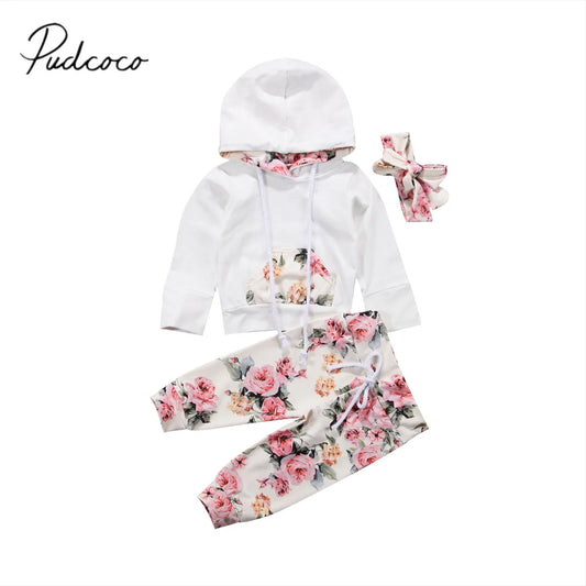 2017 Brand New Infant Toddler Newborn Baby Girls Floral Outfit Clothes Tracksuit Hooded Tops+Leggings Pants Headband 3Pcs Set