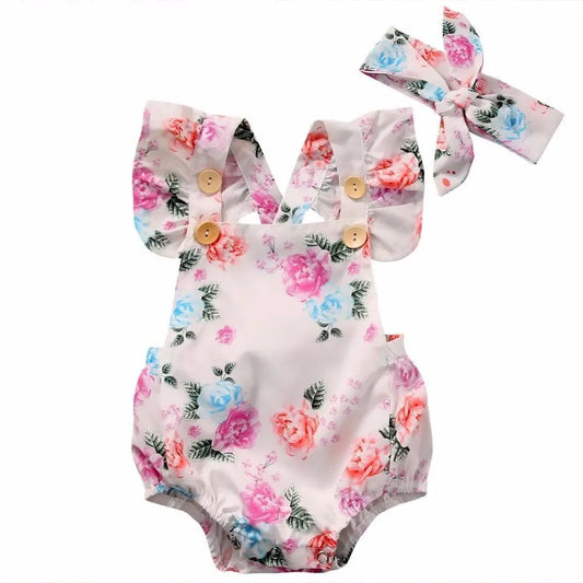 Toddler Infantil Newborn Baby Girls Floral Romper Fashion Jumpsuit Summer Headband 2PCS Sunsuit Outfit Set