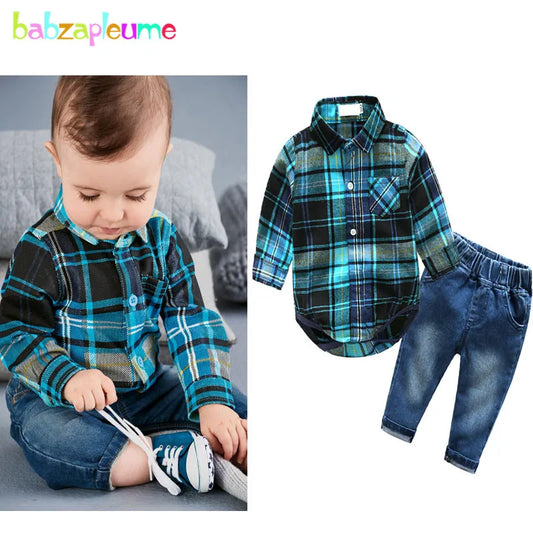 Conjuntos de 2 piezas para primavera y otoño, ropa para bebés, peleles a cuadros de manga larga para recién nacidos y pantalones vaqueros, monos para niños pequeños BC1328