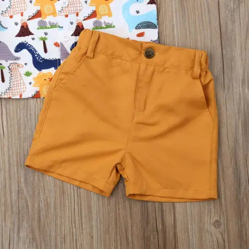 Citgeett Summer Toddler Kids Baby Boys Tops T-shirt Dinosaur Pants Yellow Shorts Outfits Gentleman Set