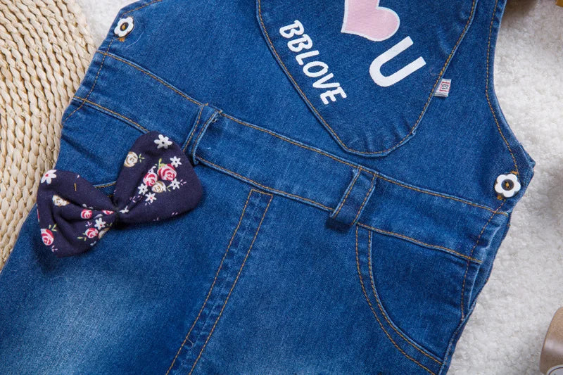DIIMUU Kids Baby Toddler Clothing Girls Overalls Denim Suspender Pants Printing Love Cute Casual Jumpsuits Long Sleeve Trousers