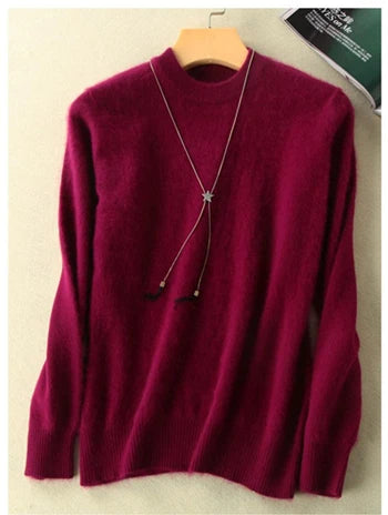 Winter Women Sweater 100% Mink Cashmere Half Turtleneck Knitted Pullovers Loose Soft Warm Female Long Sleeve Solid Jumper S-XXL