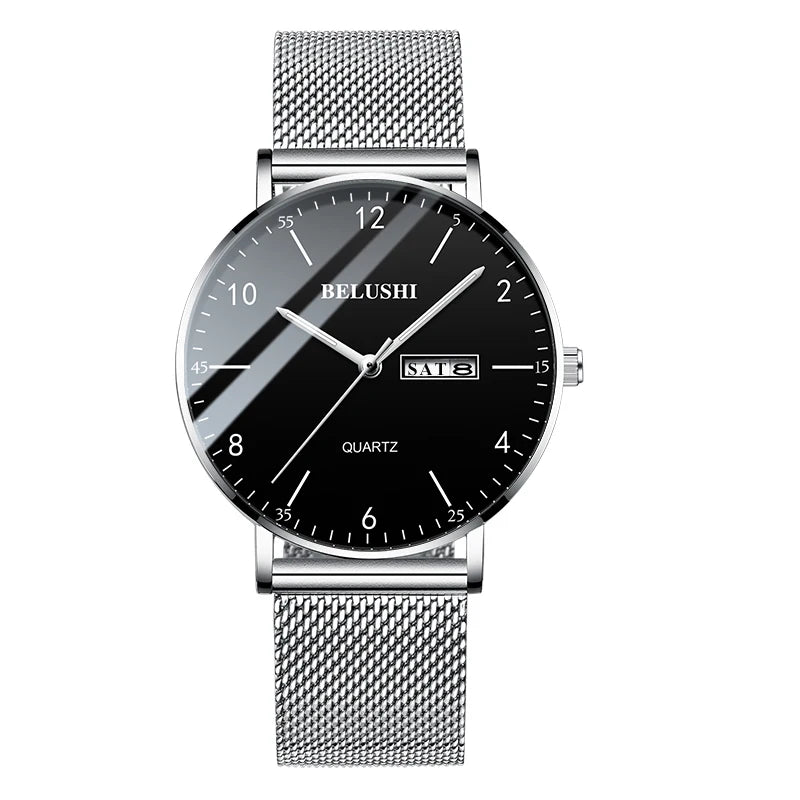 Men Watch Ultra Slim Steel Mesh Quartz Wristwatch Dual Calendar Simple Black Clock Male Hodinky Man Watch Relogio Masculino