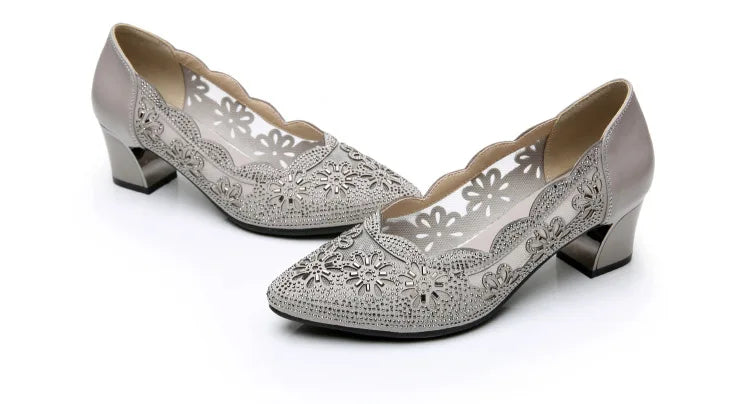 GKTINOO 2026 Summer Fashion Hollow Out Genuine Leather Pumps Women Shoes Med Heels Square Heel Mesh Ladies Office Shoes Crystal