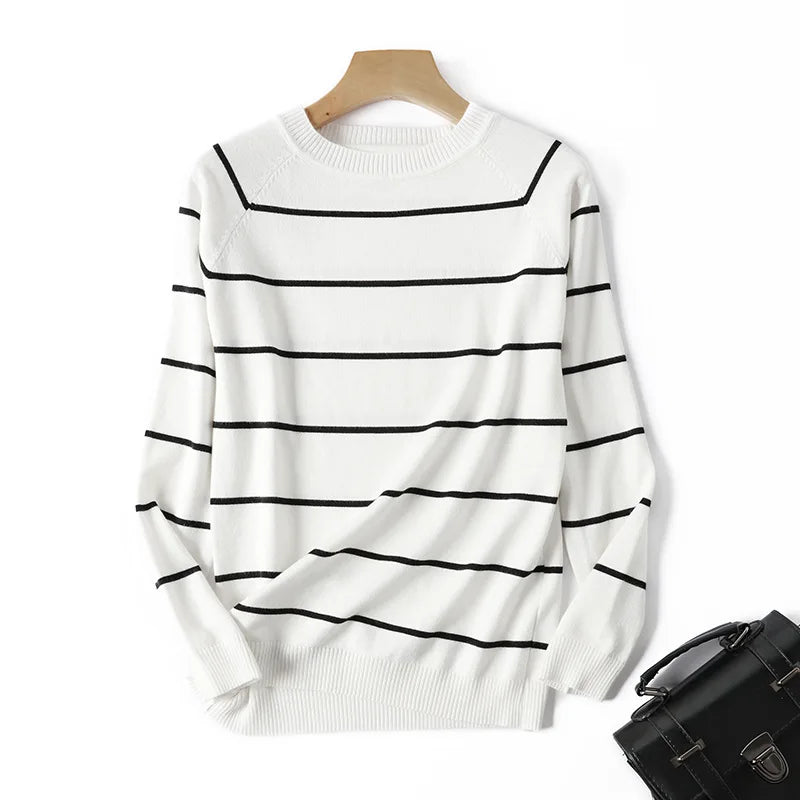 2022 Autumn Winter Long Sleeve Striped Pullover Women Sweater Knitted Sweaters O-Neck Tops Korean Pull Femme Jumper Female White
