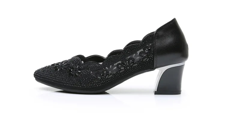 GKTINOO 2026 Summer Fashion Hollow Out Genuine Leather Pumps Women Shoes Med Heels Square Heel Mesh Ladies Office Shoes Crystal
