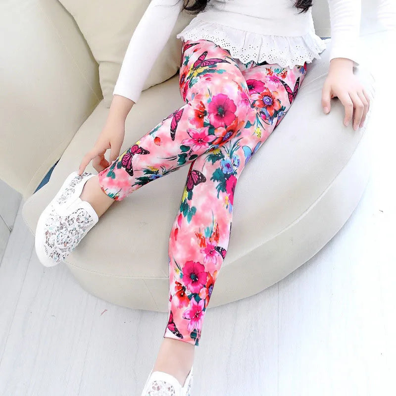 Girls Leggings Stretch Spring Summer Flower Printed Kids Children Pants