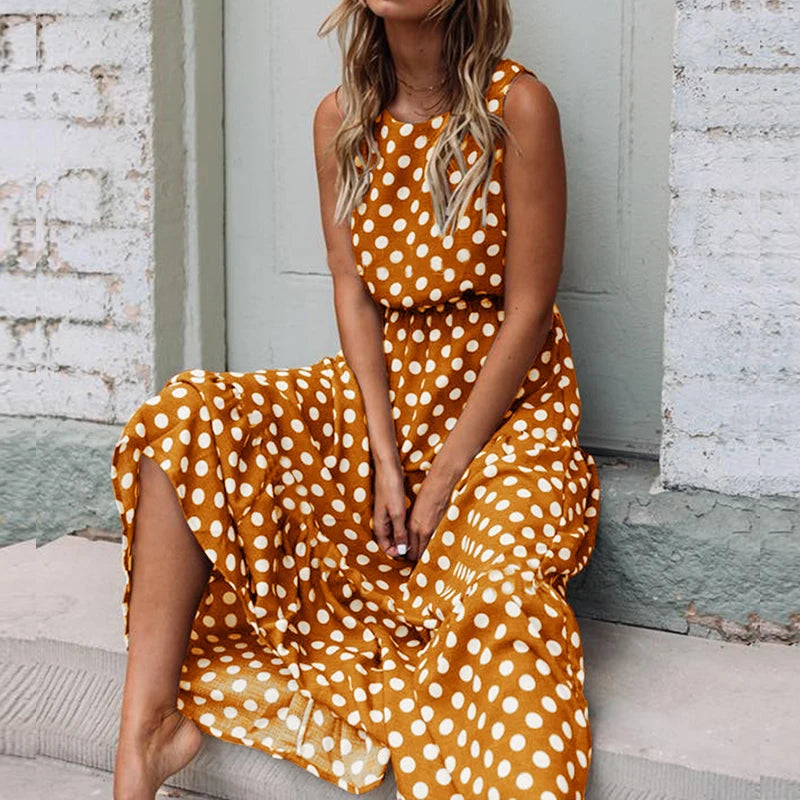 Duzeala Summer Sleeveless Polka Dot Print Midi Dress Casual Women Fashion Dresses New A-Line Boho Elegant Brown Long Dress