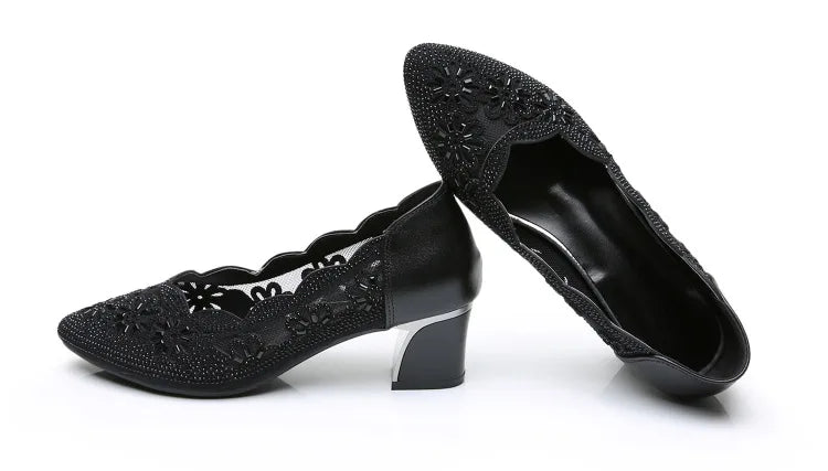 GKTINOO 2026 Summer Fashion Hollow Out Genuine Leather Pumps Women Shoes Med Heels Square Heel Mesh Ladies Office Shoes Crystal