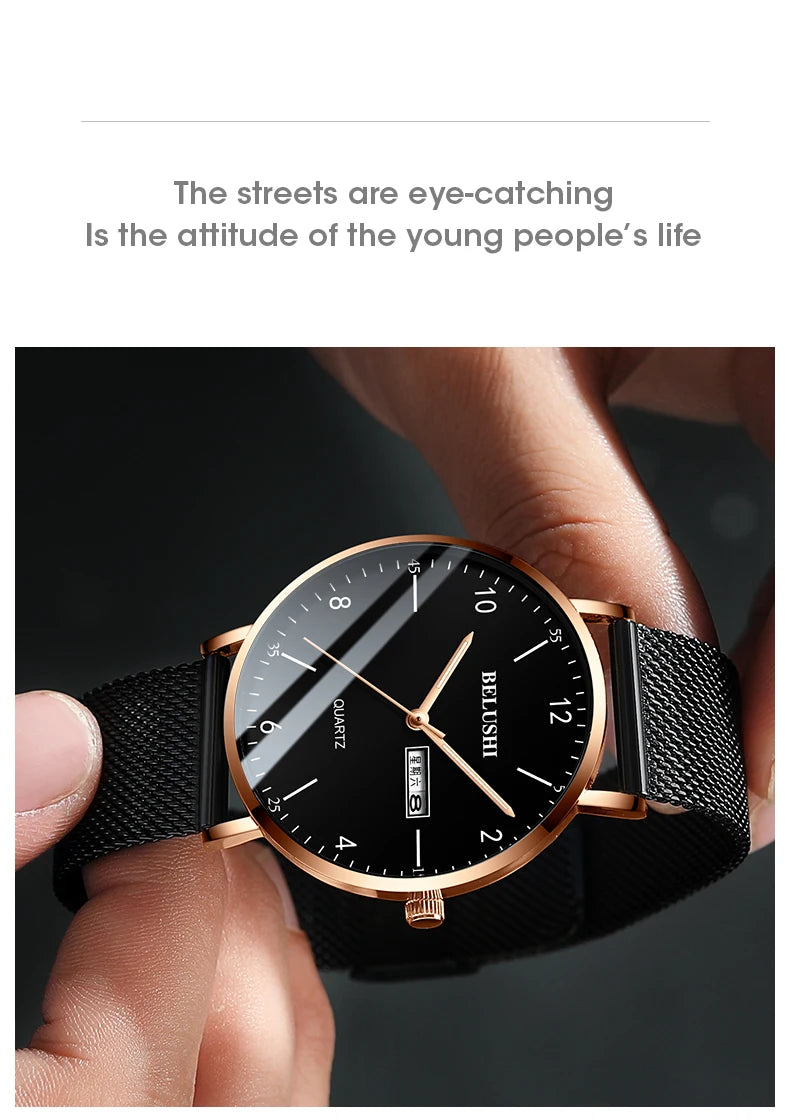 Men Watch Ultra Slim Steel Mesh Quartz Wristwatch Dual Calendar Simple Black Clock Male Hodinky Man Watch Relogio Masculino