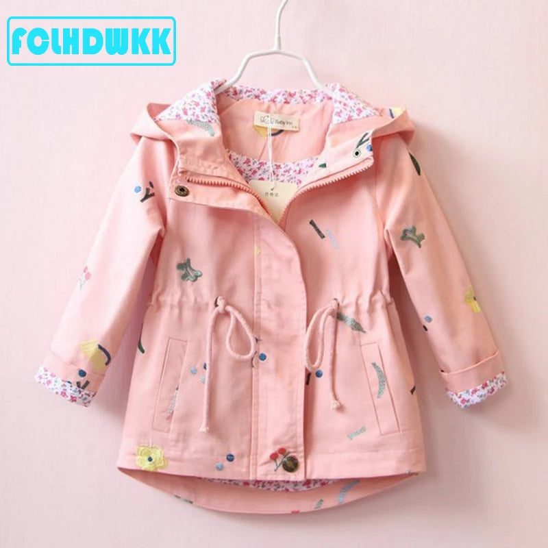 Spring Autumn Girls Windbreaker Coat Jackets Baby Kids Flower Embroidery Hooded Outwear For Baby Kids Coats Jacket Clothing