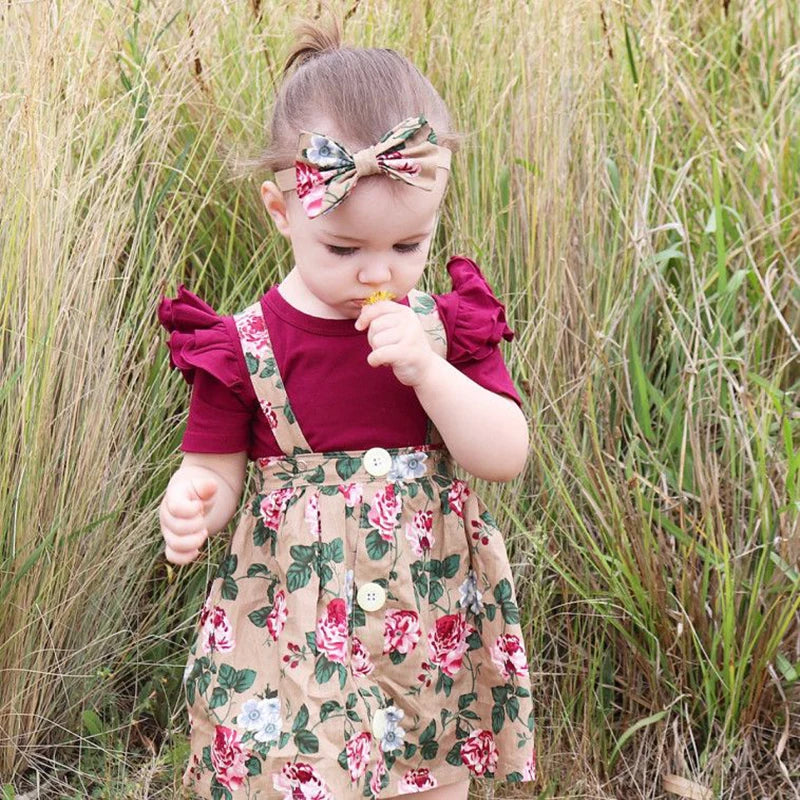 Summer Baby Girl Clothes Set Short Sleeve Bodysuit Floral Belt Dress Overalls 3Pcs Outfits Toddler Newborn Infant Girls Clothing