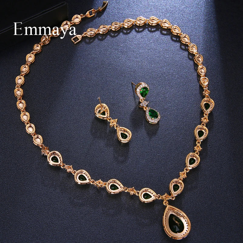 Emmaya New Arrival Green Waterdrop Appearance Zirconia Charming Costume Accessories Earrings And Necklace Jewelry Sets