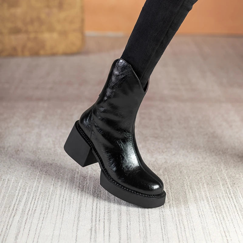 2022 Winter New Women Boots Women Shoes Round Toe Square Heel Real Wool Thick Heel Short Boots Solid Color Womens Platform Heels