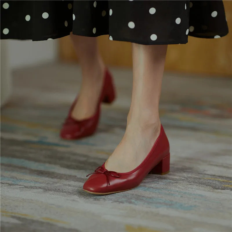 2025 Genuine Leather Women Shoes Fashion Butterfly-knot Spring and Autumn Pumps Slip-On Casual Shoes Chunky Heel Size 34-40